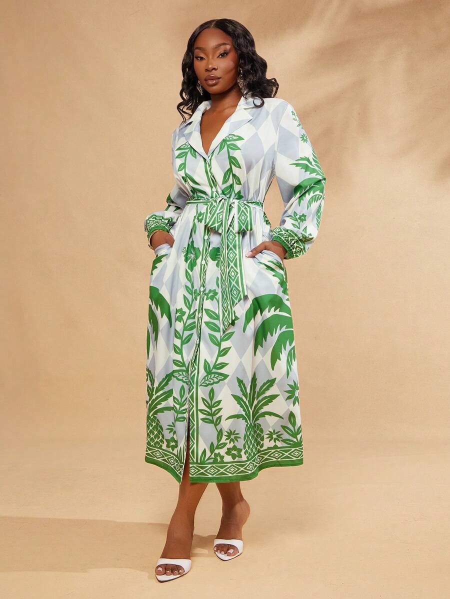 SHEIN SXY Robe chemise imprimée à manches longues élégante et sexy pour femme grande taille, adaptée pour le port quotidien, les mariages, BOHO, bohème, les sorties, les vacances à la plage, les vacances, le bord de mer, le style western, les festivals de musique, les concerts, les fêtes de carnaval, avec des couches riches, les sorties, Ibiza, Nashville, les pauses, modeste, chic, le club
