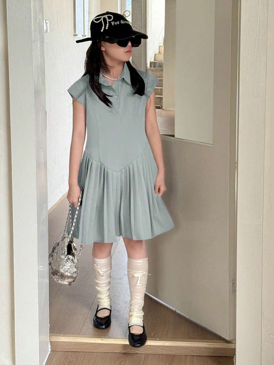 DAZY Vestido de niña preadolescente con cremallera frontal y mangas acampanadas plisadas para el otoño, ropa de regreso a la escuela