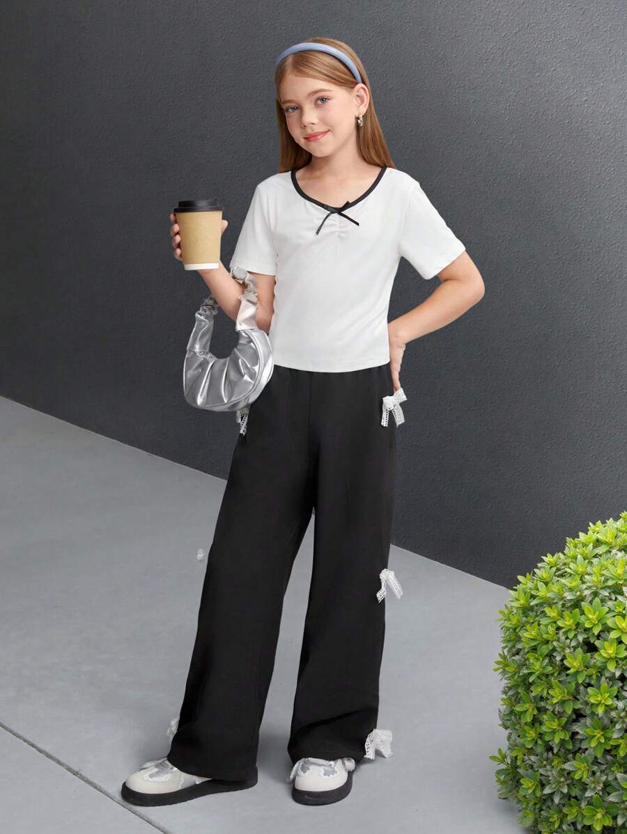 Conjunto de 2 piezas de pantalones rectos con lazo en el cuello y adorno de encaje para niña, look casual elegante