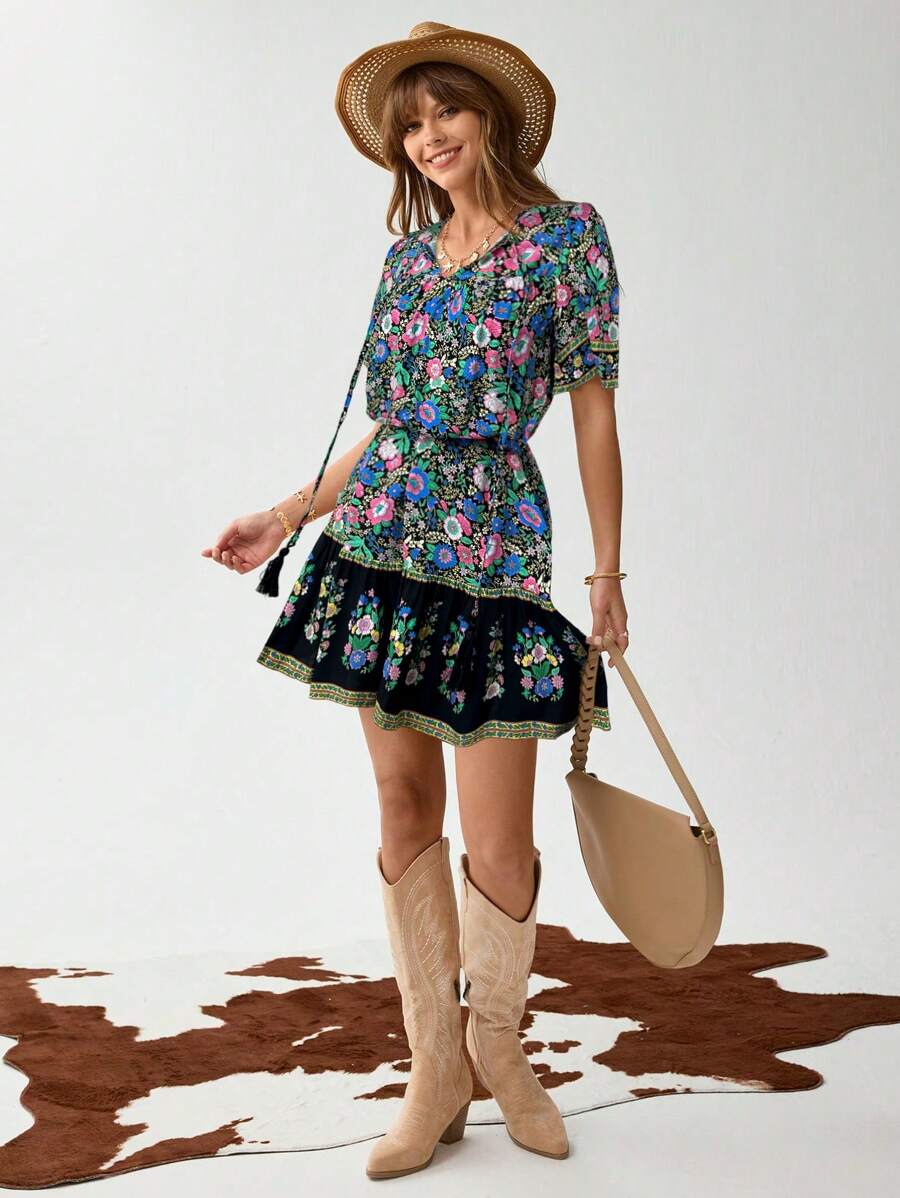 Wildy Vestido casual de verano corto con estampado bohemio, estilo de vacaciones y días festivos