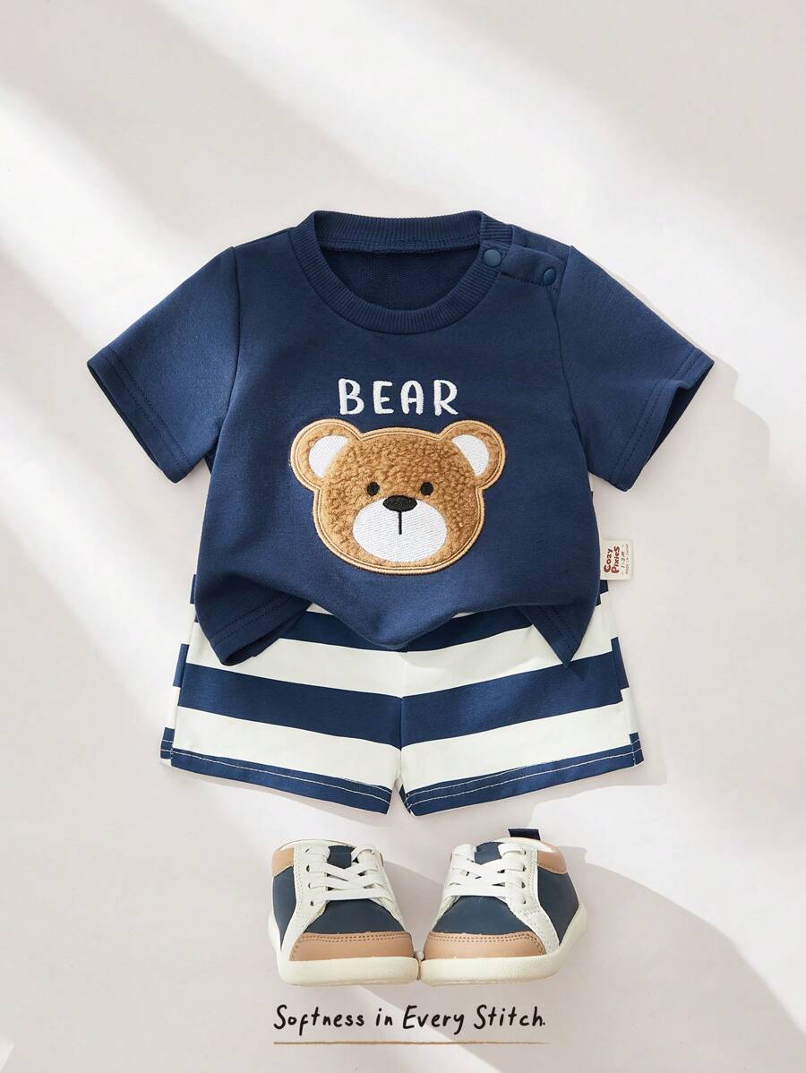 Cozy Pixies Conjunto de 2 piezas para bebé recién nacido niño/niña: Top de cuello redondo de manga corta con diseño de oso tejido suave y pantalones cortos de cintura elástica
