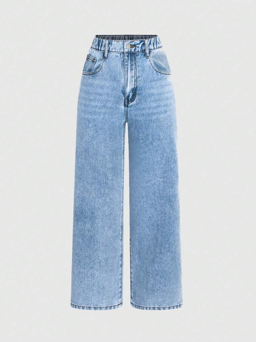 SHEIN Wildeya Tween-mädchen-jeans Aus Lässigem, Weitem Bein In Distressed-waschung