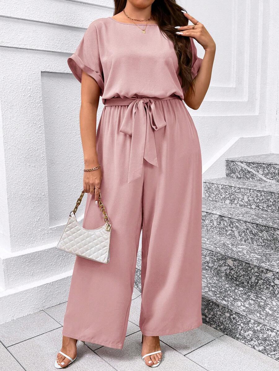 SHEIN Clasi Plus Size Elegant Round Neck Jumpsuit With Waist Belt And Wide Leg