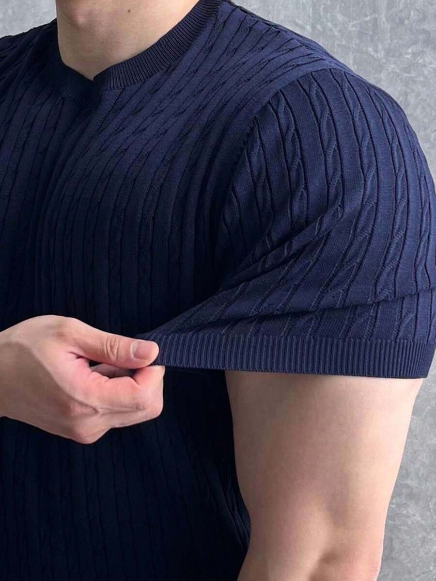 DAZY Jersey de punto de cuello redondo con textura de tela lisa en azul marino para hombre, verano