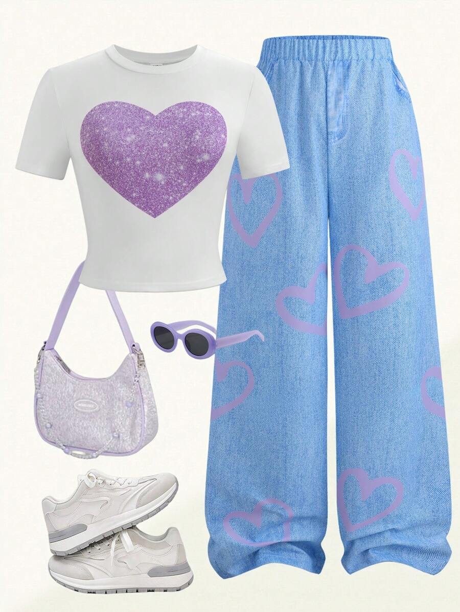 SHEIN 2pcs/Set Teenage Girls Casual Heart Graphic T-Shirt + Heart Print Wide Leg Pants, Elegant Leisure Outfit For Spring, Summer, Autumn, Holiday, School Young Girls Sets Outfit Set Teen