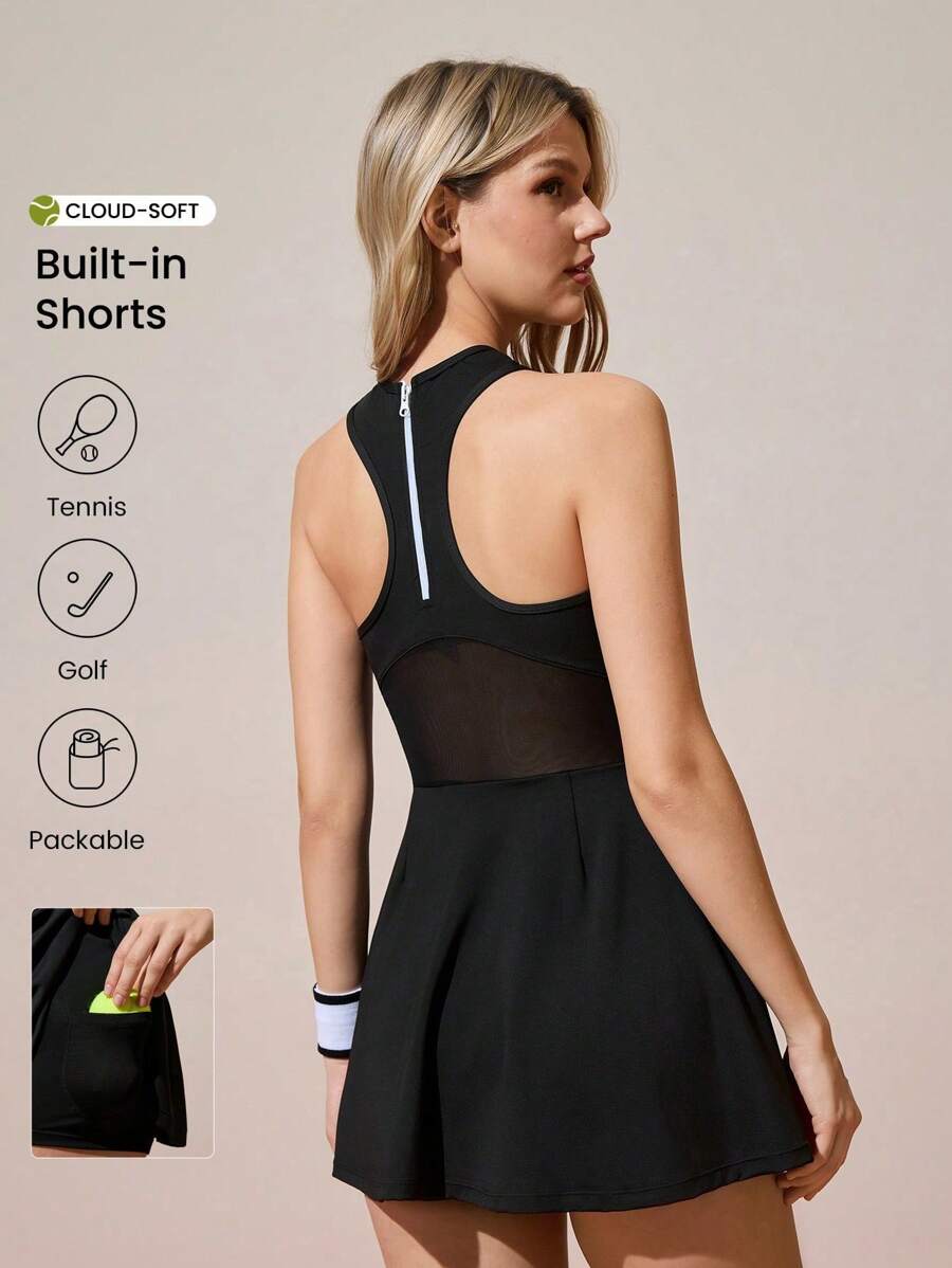CourtClass Women Back Zipper Design Mesh Patchwork Sleeveless Casual Fitness Sporty Dress
