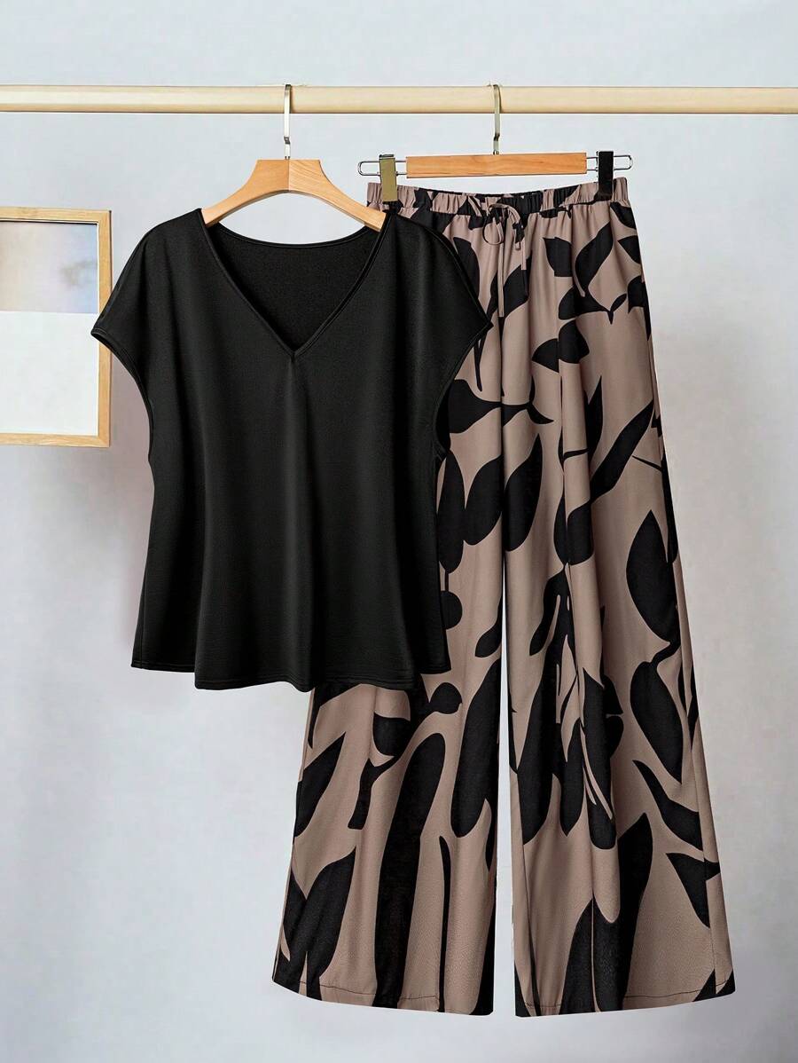 SHEIN LUNE Set di abbigliamento coordinato estivo per donne taglia comoda, outfit estivi da 2 pezzi per donne, outfit da vacanza da donna semplice e casual, outfit estivi per donne per laurea, outfit estivo casual da 2 pezzi per donna