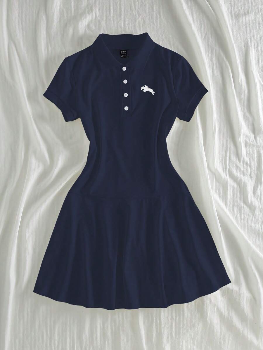Flirla Vestido casual de manga corta con estampado ecuestre y cuello polo para mujer