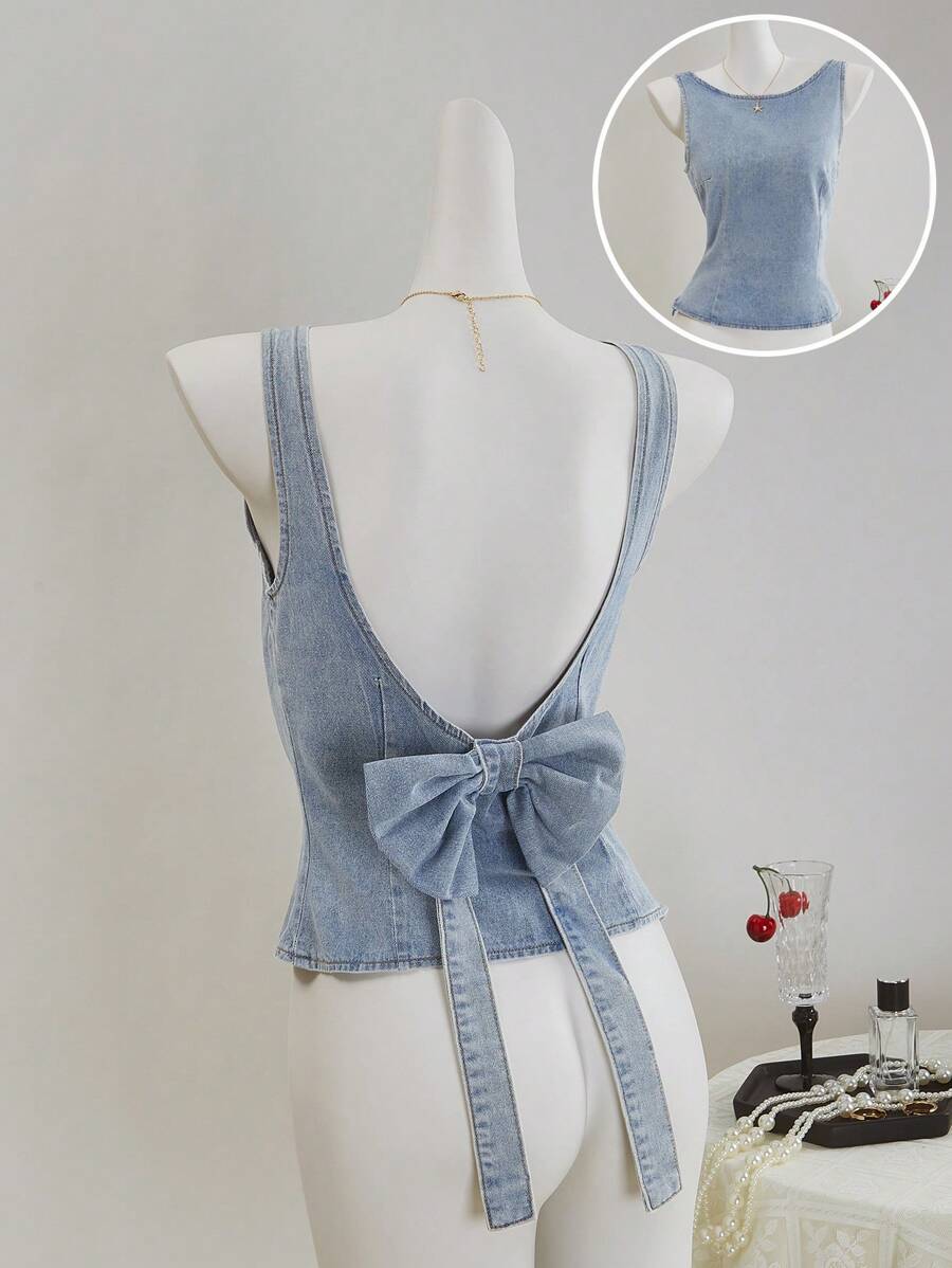 SHEIN MOD Top corto in denim da donna, canotta casual aderente senza maniche e senza schienale, blu