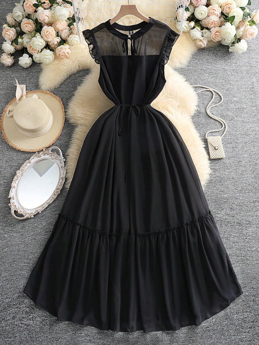 DreamSkyne Plus Size Exquisite & Elegant Women's Large Size Elegant Pearl Chiffon Small Stand Collar Cap Sleeve Long Ruffle Hem Dress Vacation Summer Women Outfit Spring Dress Elegant Formal Women Dresses Evening Dress Maxi Wedding Women Dress Romantic Dress Wedding Guest