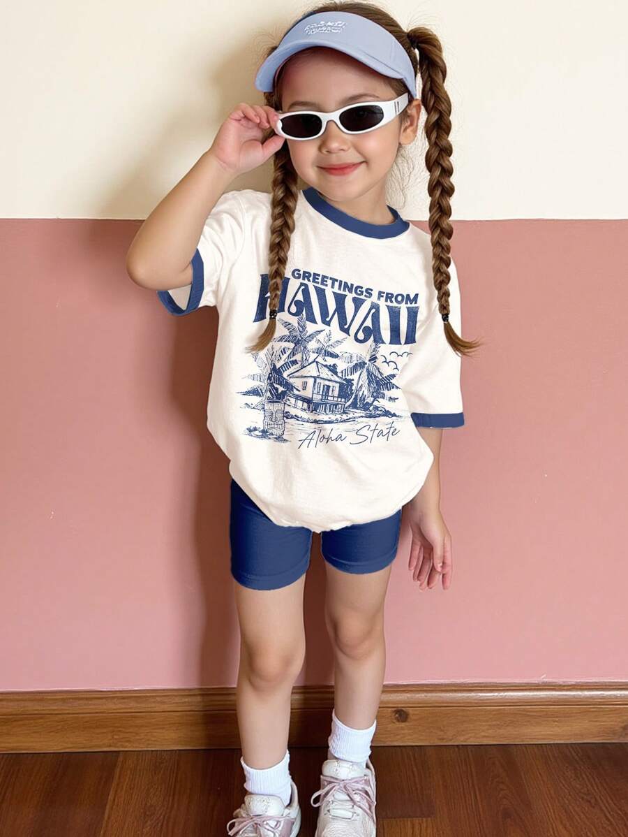 SHEIN Young Girl Vintage Western Landscape Print Casual Short Sleeve Round Neck T-Shirt And Shorts 2 Pieces Outfit, Suitable For Summer