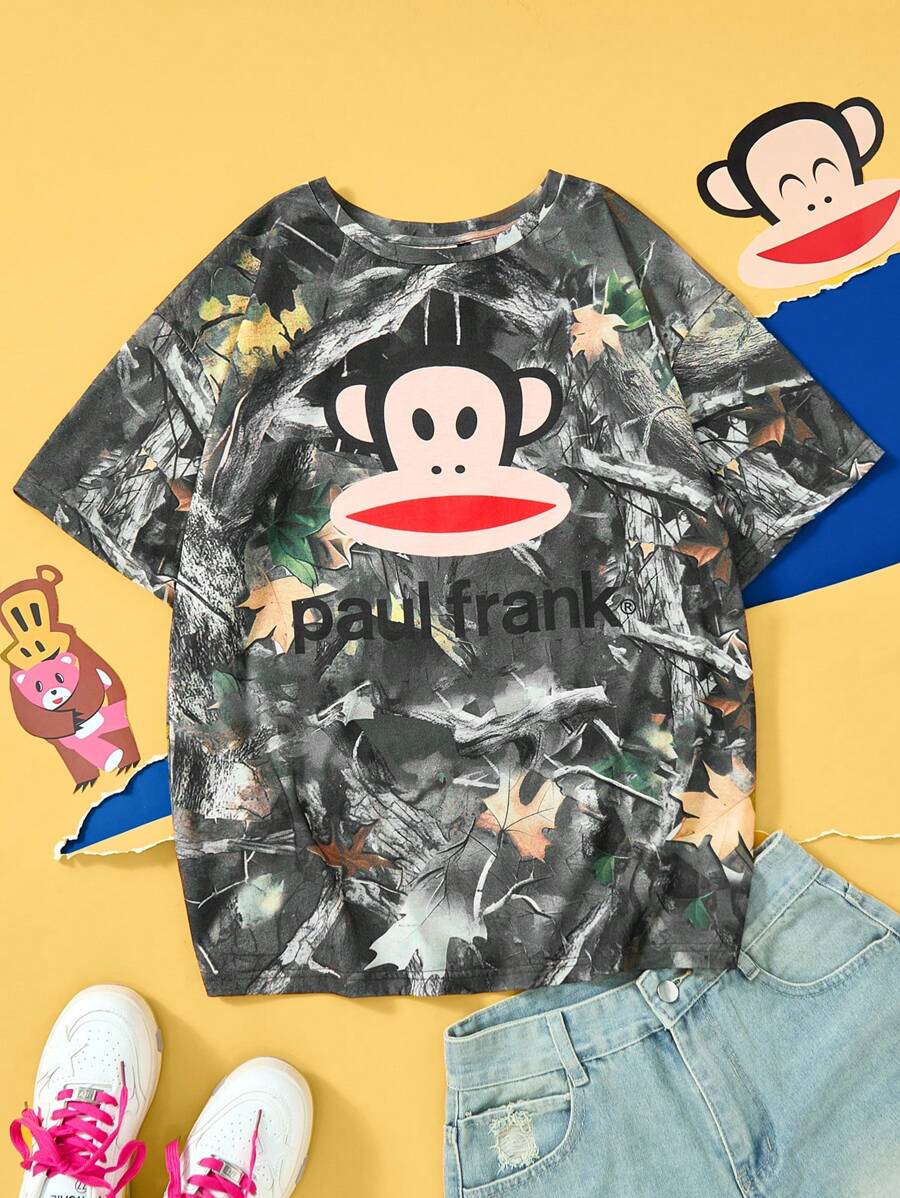 Paul Frank X SHEIN Camiseta casual de mujer de manga corta y cuello redondo con patrón de mono y letras, para verano