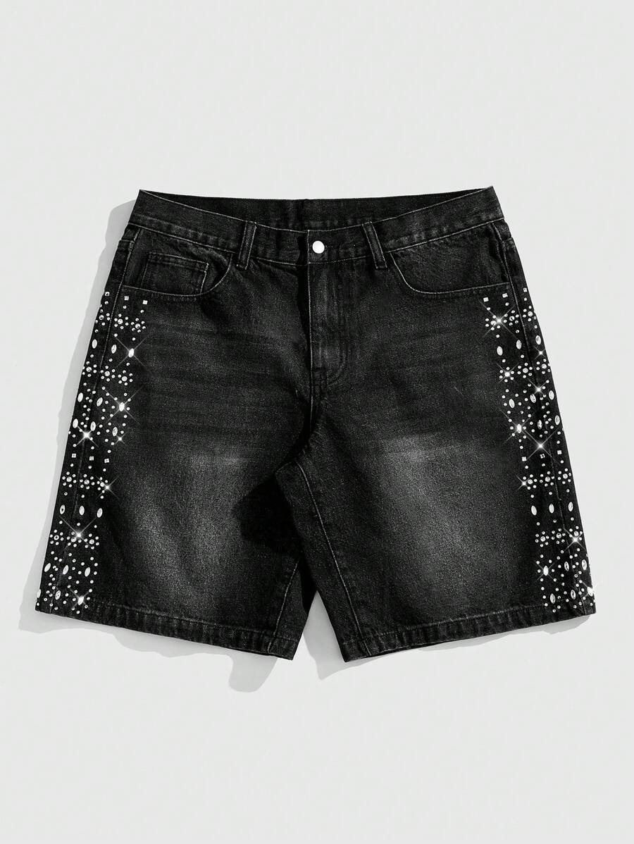 ROMWE MEN Street Life Pantalones cortos vaqueros holgados de hombre con apliques de rhinestones