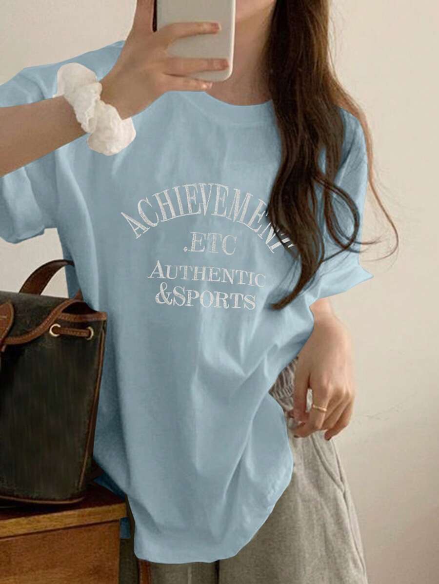 DAZY Women Letter Embroidery Loose Fit Round Neck Short Sleeve T-Shirt