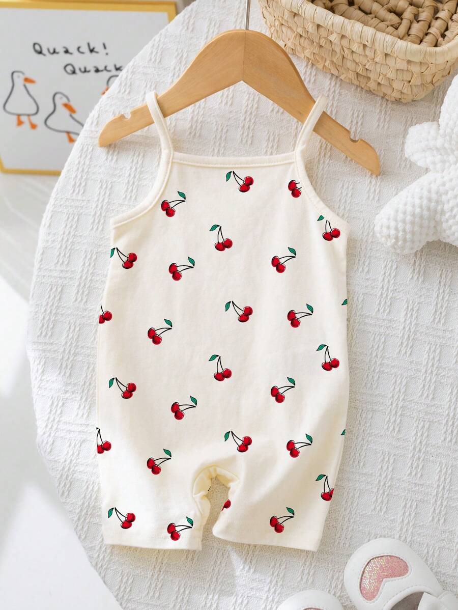 SHEIN Mono casual y cómodo con estampado de cerezas lindo para bebé niña, apto para primavera y verano