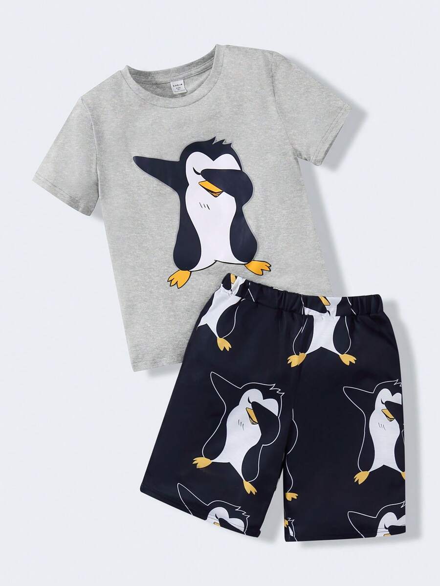 SHEIN 2pcs Tween Boys Cute Penguin Print T-Shirt And Shorts Set, Pajamas