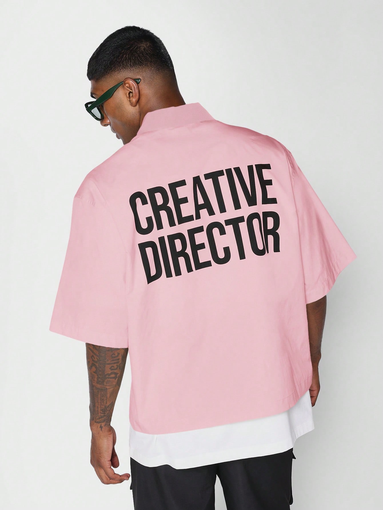 Boxy Fit Zip Through Colour Block Shirt With Back Graphic