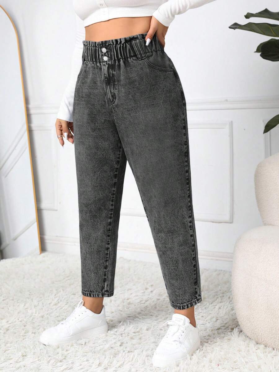 SHEIN EZwear Jeans casuales y versátiles de talla grande con cintura tipo bolsa de papel y bolsillos