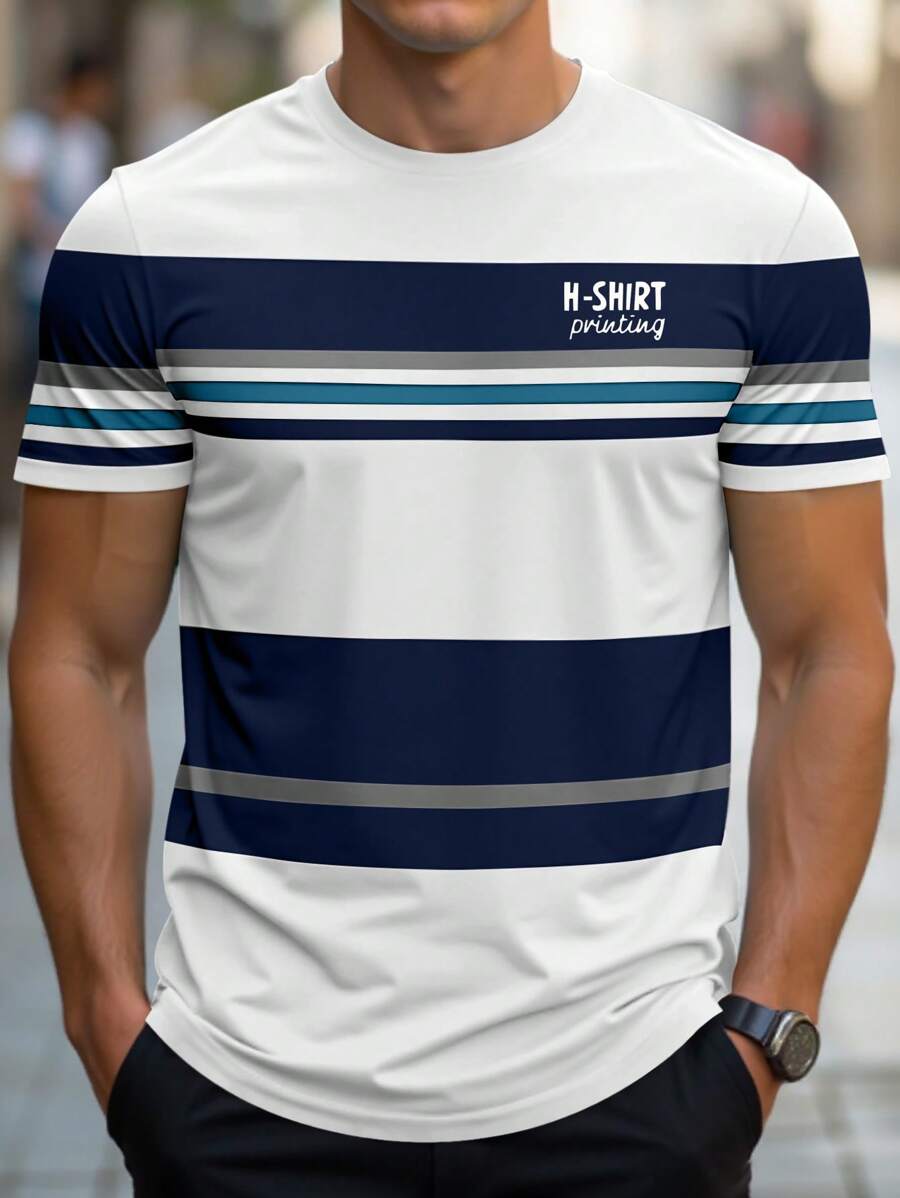 Manfinity Homme Men's Summer Casual Contrasting Stripe Short Sleeve T-Shirt