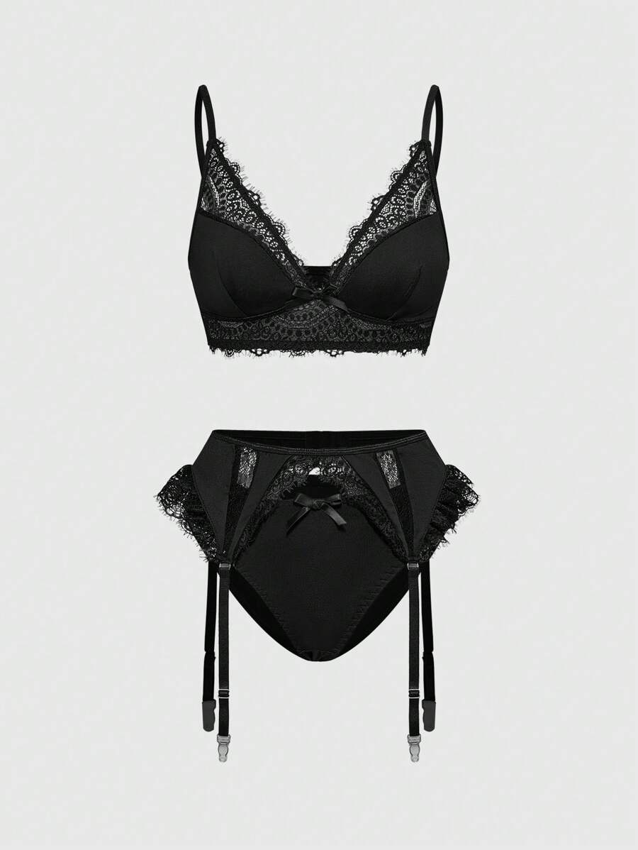 ROMWE Goth Conjunto de lencería sexy con bralette de triángulo con encaje gótico y pantalla, con ligas