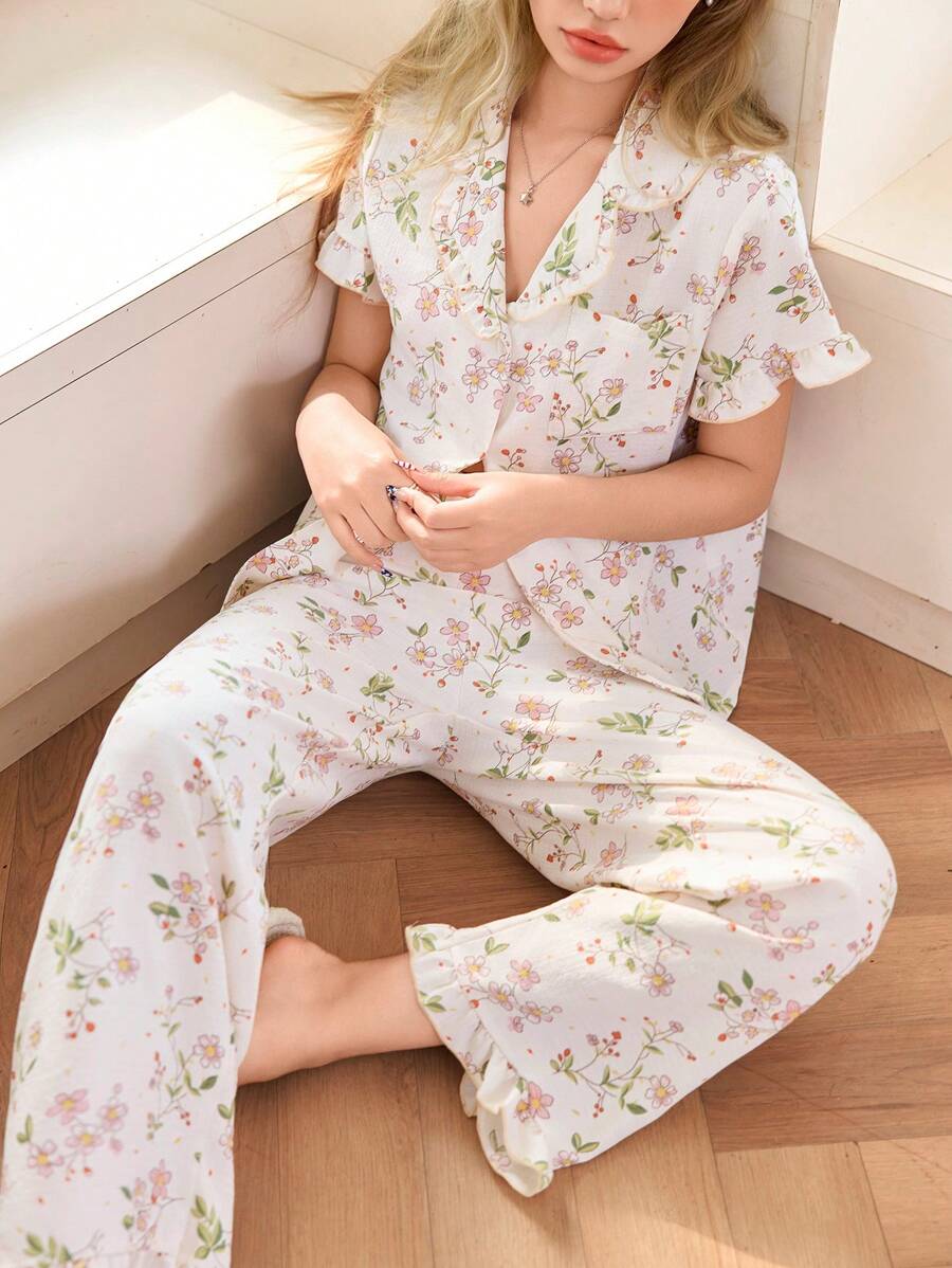 Dream Adore Conjunto de pijama con cardigan de manga corta de solapa con estampado floral y pantalones