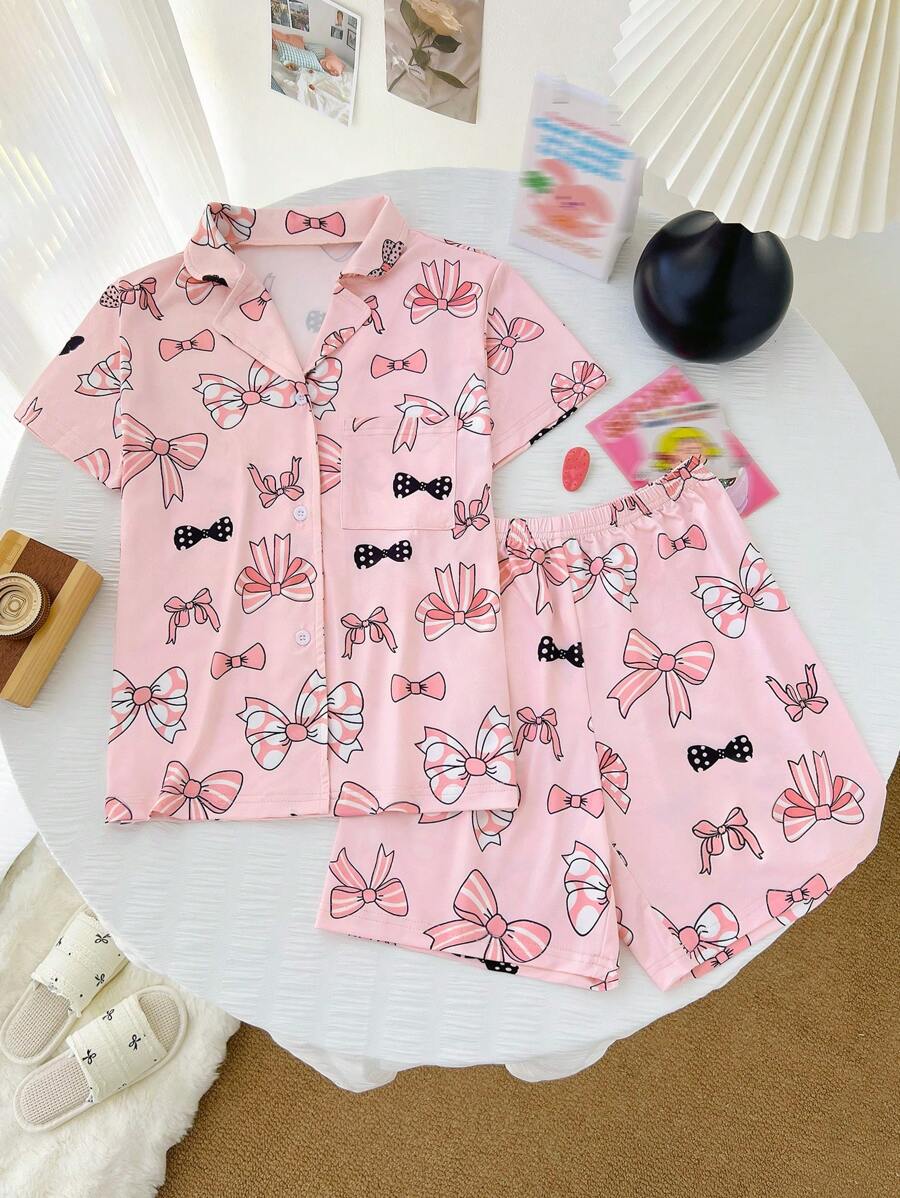 2 piezas Pijama con lazo decorativo para niñas grandes