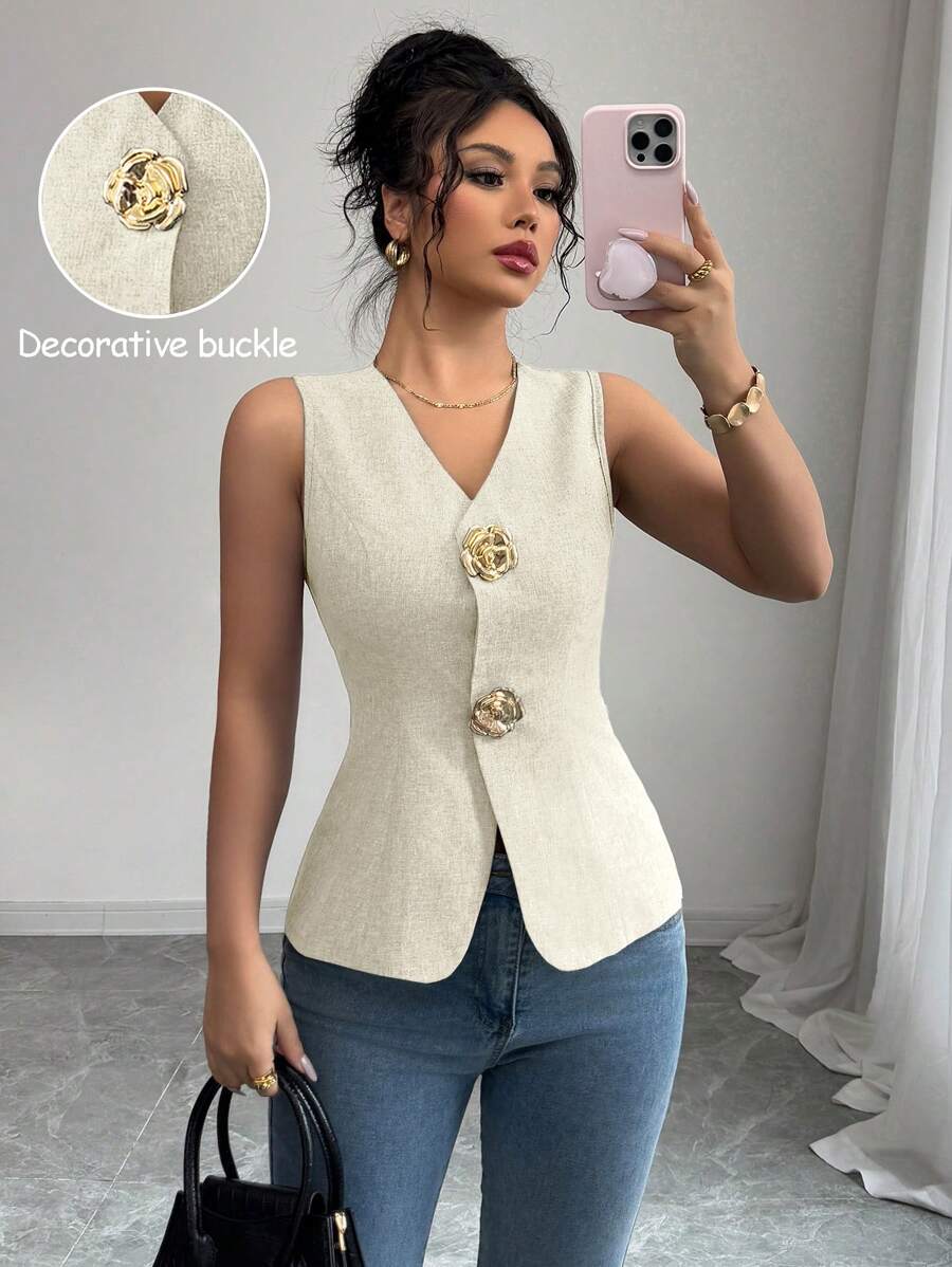 Gloray Chaleco de mujer con cuello en V, ajustado, decorado con botones dorados en forma de rosa