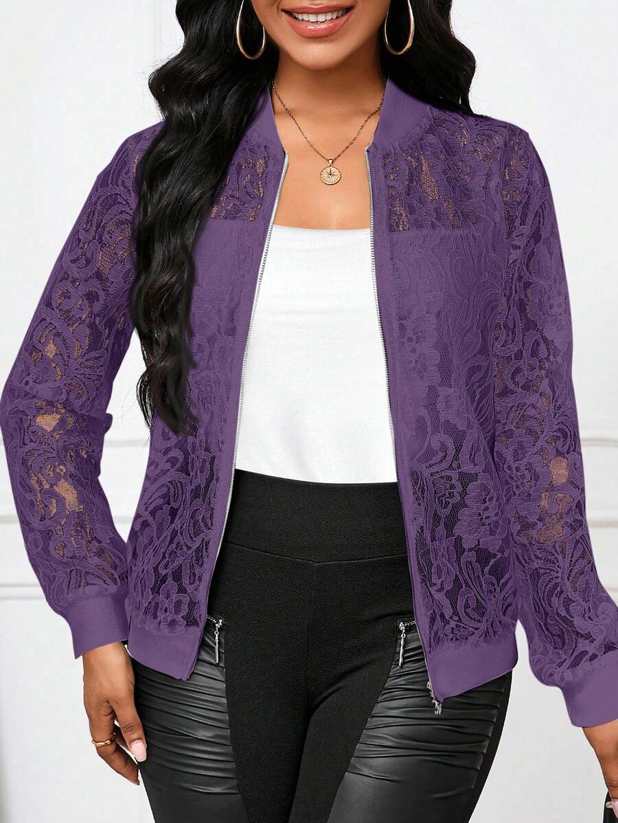 SHEIN Lady Women's Lightweight Black Lace Baseball Jacket Coat