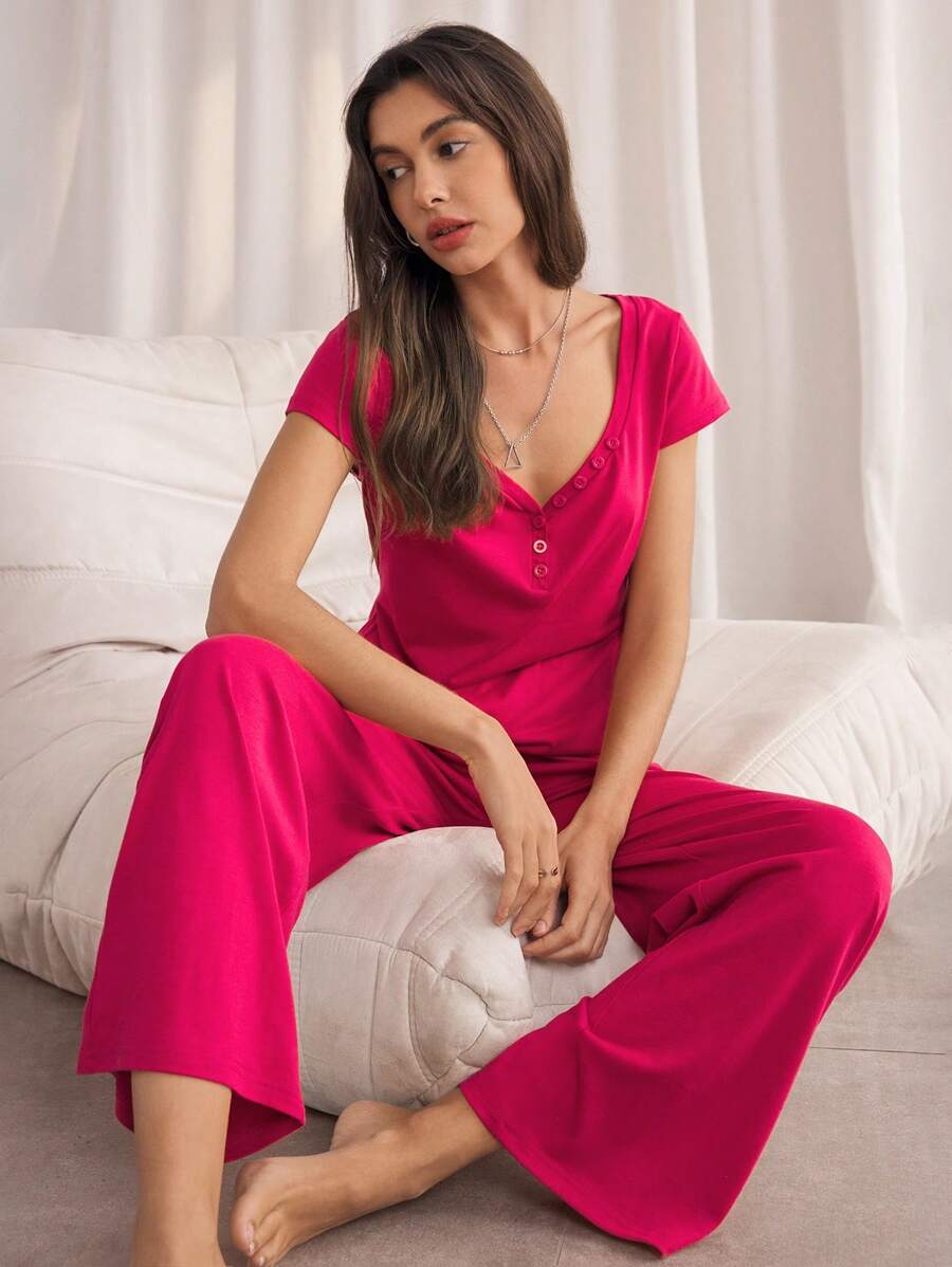 Lazeform Conjunto de pijama informal de top de manga corta con cuello en V y botones y pantalones de estar por casa de mujer en unicolor de punto