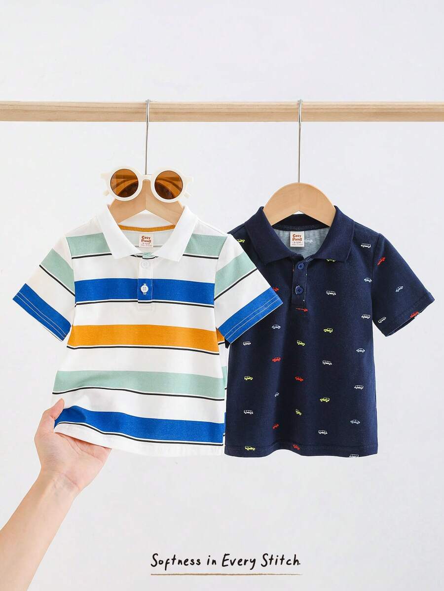 Cozy Pixies 2 pièces Ensemble pour bébé garçon : Top pull à mi-zip à col rabattu en tricot doux avec imprimé animal de dessin animé, manches courtes