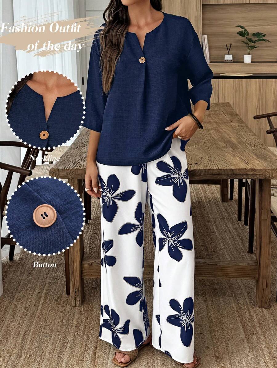 SHEIN LUNE 2pcs Women Vacation Solid V-Neck 3/4 Sleeve Shirt & Floral Print Pants Casual Set