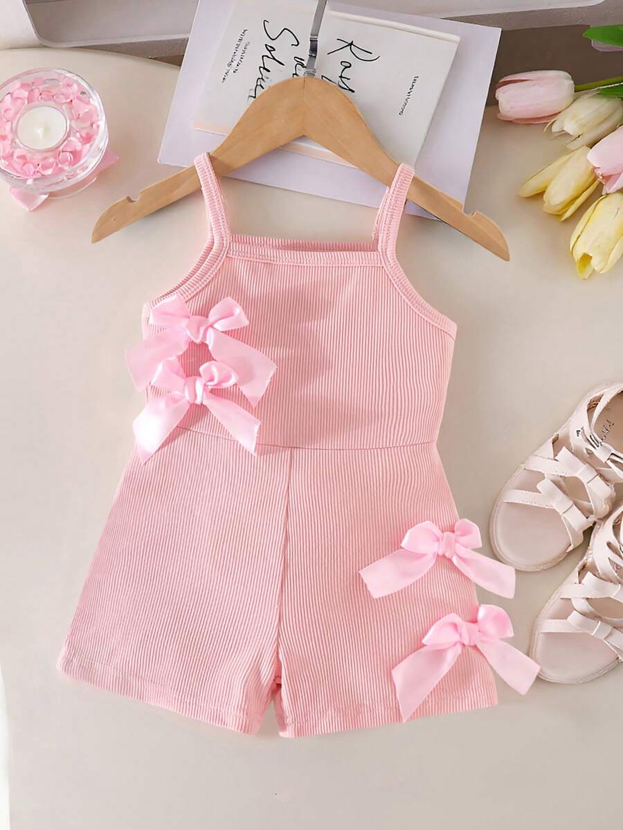 Pelele informal sin mangas con cintura elástica para niñas pequeñas, de tela acanalada de unicolor con decoración de lazo 3D, rosa, para verano