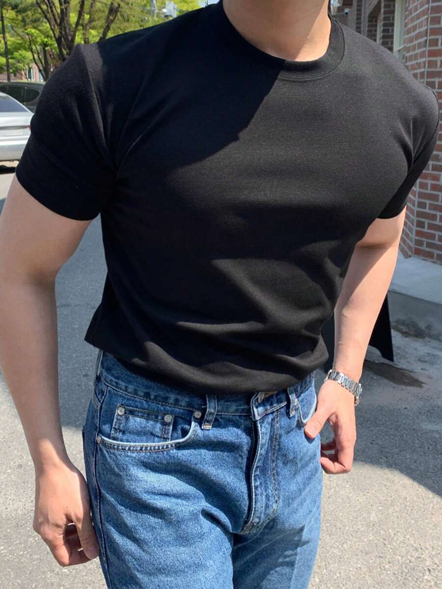 DAZY Camiseta de manga corta de ajuste ceñido negra para hombres, de verano