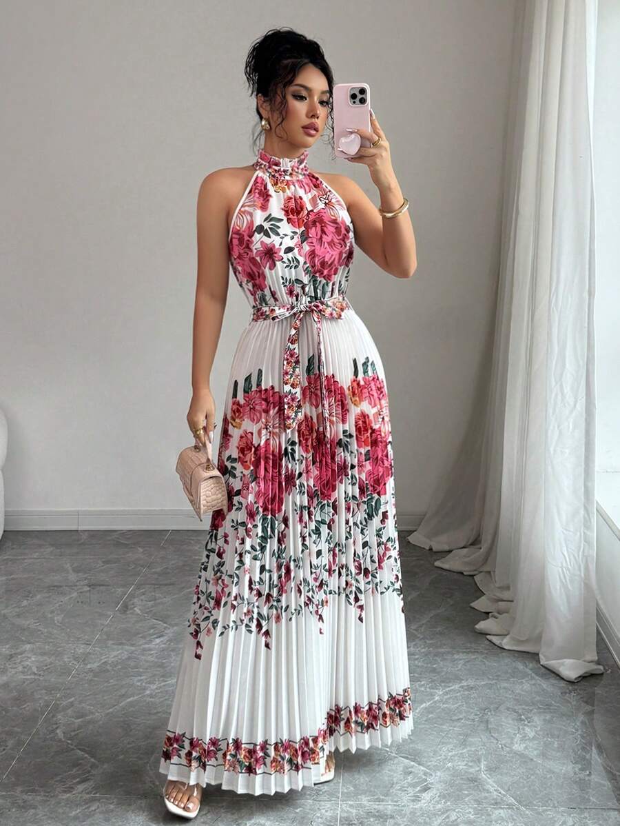 Elenzga Vestito lungo casual da donna senza maniche, con colletto alla coreana, stampa floreale francese elegante, con cintura e dettagli plissettati, adatto per primavera/estate