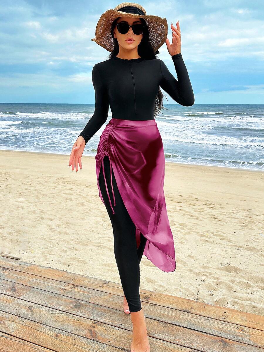 Swim Shayni Ensemble femme combinaison une pièce à manches longues de couleur unie avec une jupe cache-maillot
