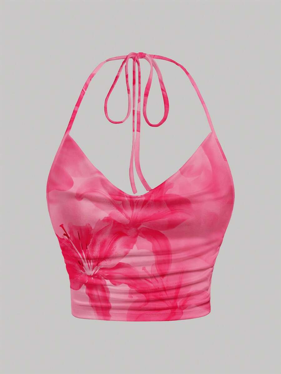 SHEIN EZwear Casual Minimalist Pink Floral Tie Neck Backless Slim Fit Versatile Top, Suitable For Summer