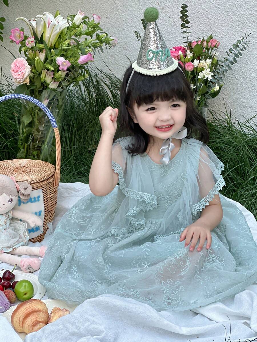 DAZY Toddler Girls' Round Neck Tulle Party Dress, Cute Texture Lace Patchwork Formal Outfit