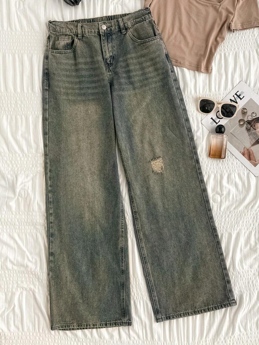 SHEIN PETITE Jeans anchos de cintura baja ajuste holgado para mujer