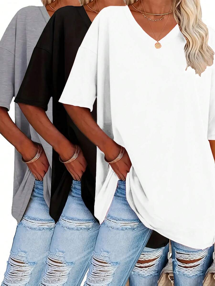 SHEIN LUNE Maglietta a maniche corte tinta unita in taglie forti, maglietta casual estiva scollo a V, abbigliamento donna taglie forti, magliette grafiche per donne