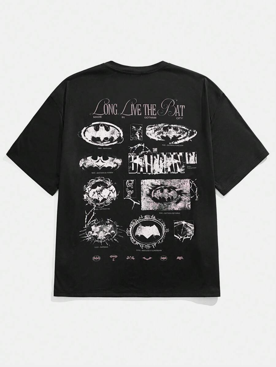 BATMAN X SHEIN 85th Camiseta de manga corta con gráfico de murciélago y letras para hombre talla grande de estilo casual de verano