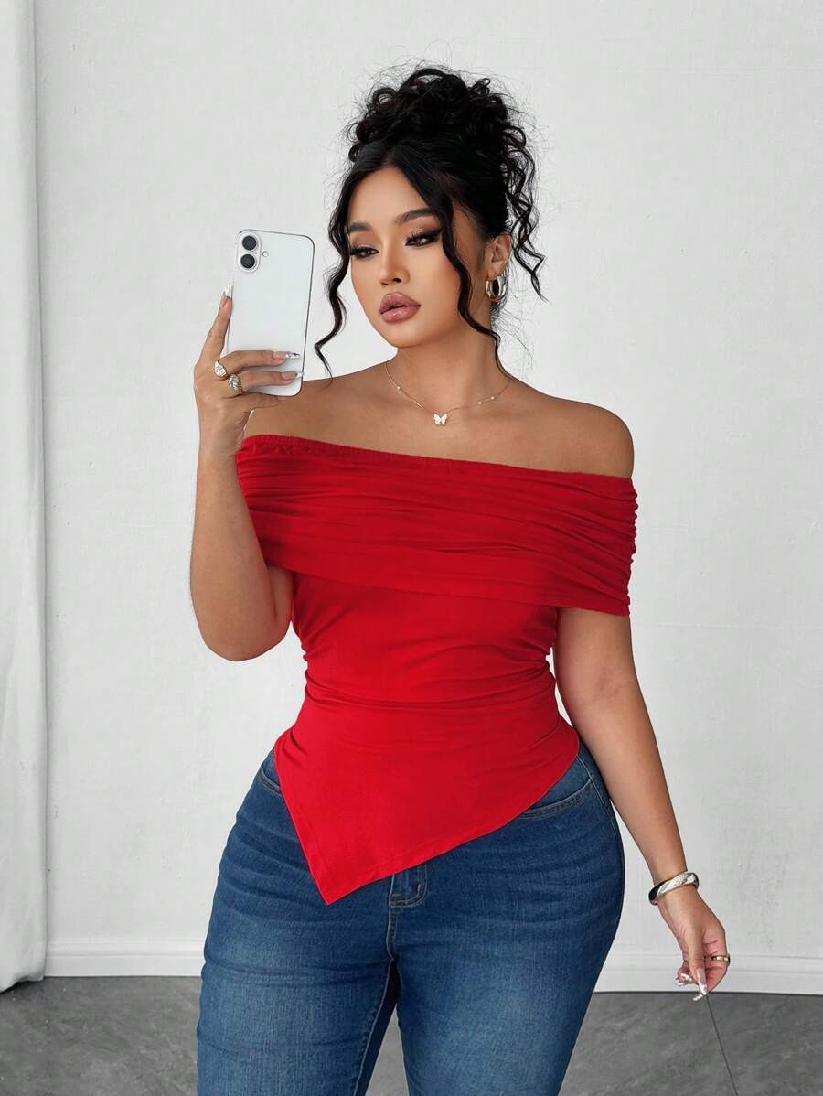 Elenzga Camiseta ajustada con cuello descubierto, volantes y bajo asimétrico para mujer de talla grande