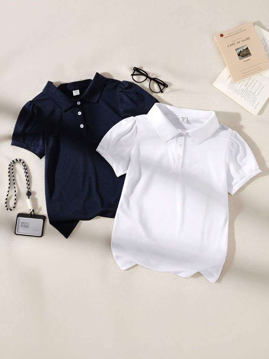 SHEIN T-shirt blu con colletto Judy per ragazza tween, 2 pezzi a tinta unita a maniche corte, moda stile 3D semplice, adatti per uscite primaverili/estive, vacanze, viaggi, uso domestico e sport casual