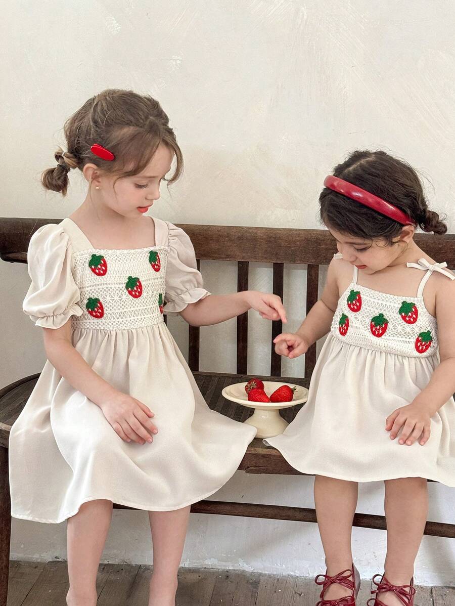 LMoss Kids Young Girls' Woven Solid Color Strawberry Print Slip Dress