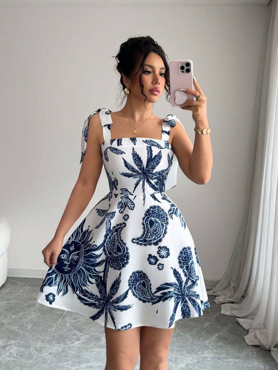 Elenzga Vestido mini de línea A de cintura ceñida con estampado abstracto elegante para mujeres