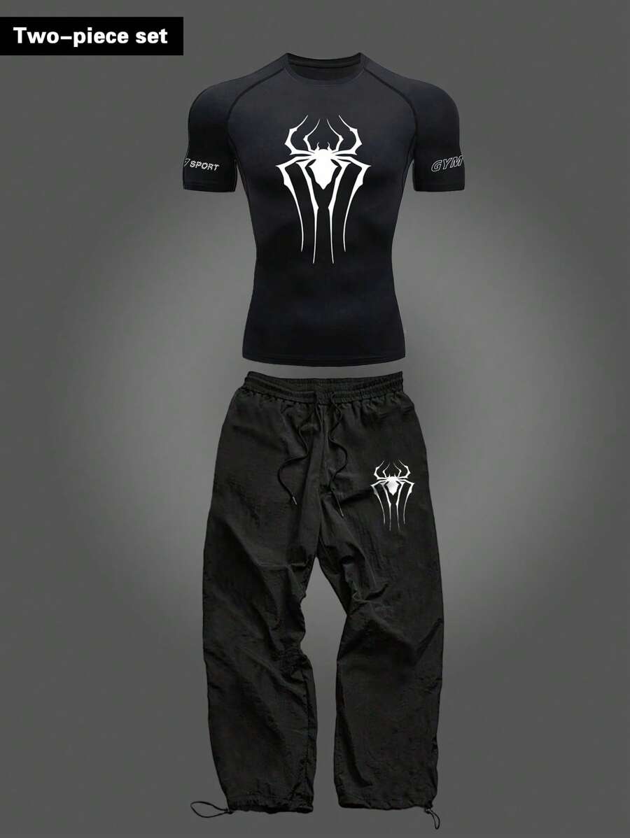 Sport MetroGents Men's Spider Print Short Sleeve & Pants Sports Suit Workout Clothes Running Sets Workout Set Gym Top Fall Breathable