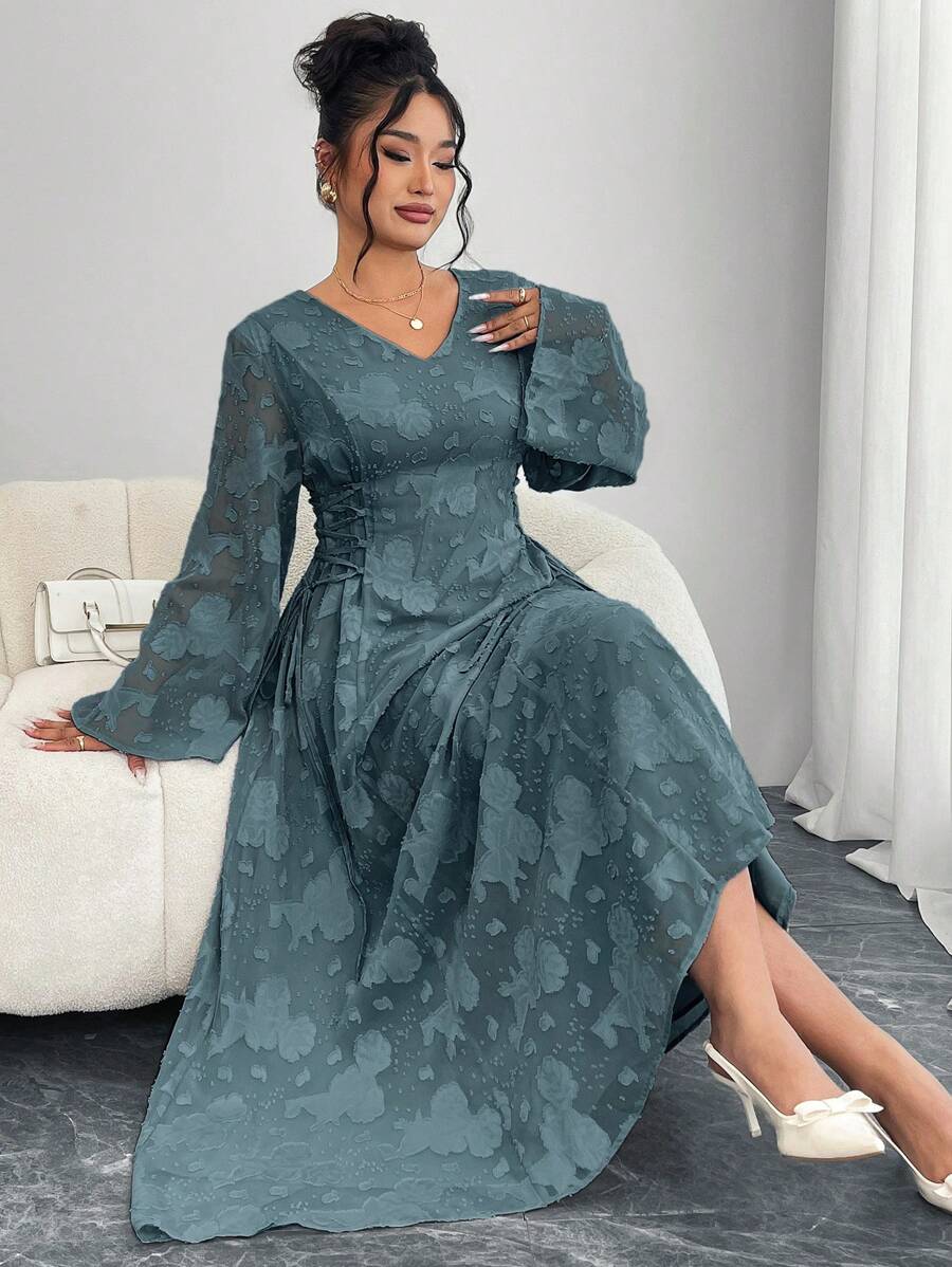 Modelyn Vestido de talla grande de unicolor elegante con mangas acampanadas y cortes