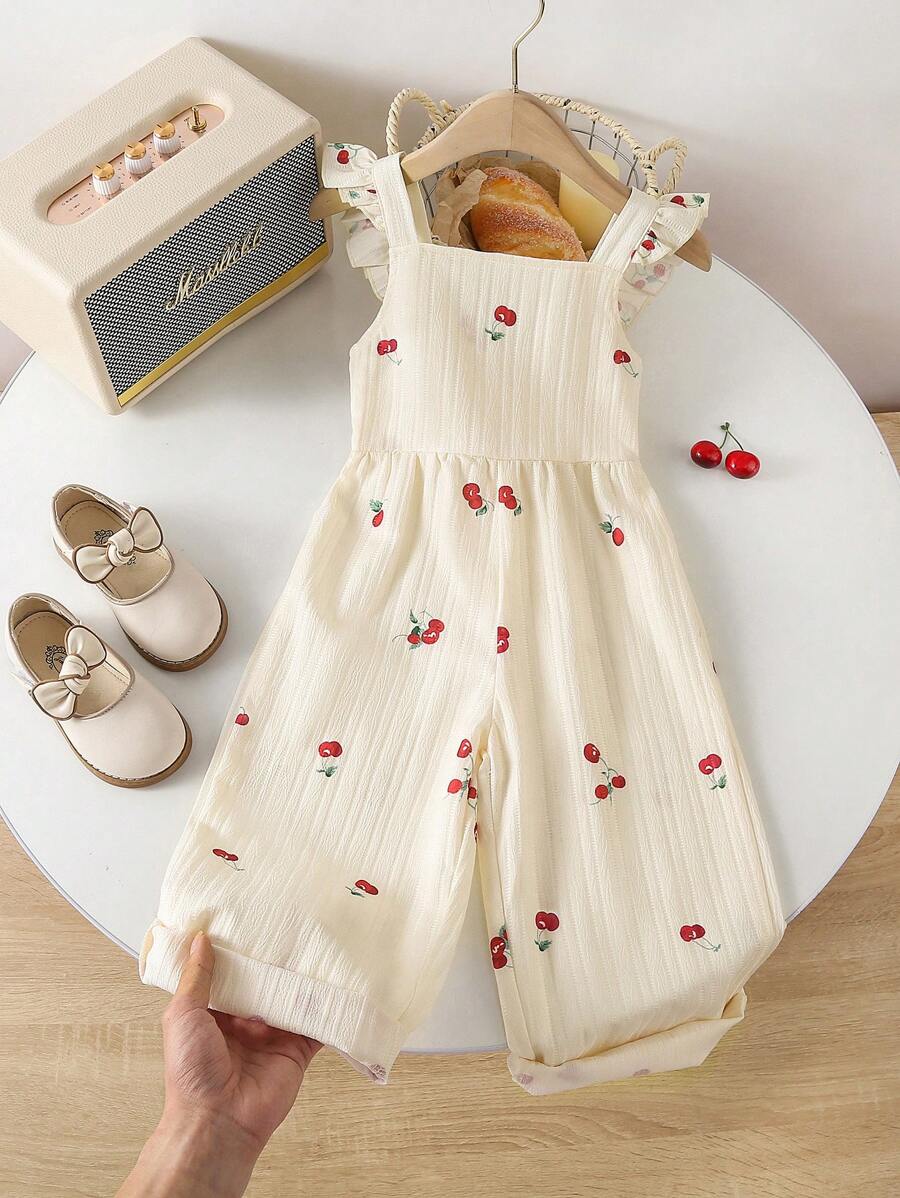 1 szt. Vintage Casual Slim-Fit Unique Cherry All-Over Print Romper, odpowiedni na zajęcia na świeżym powietrzu i do szkoły latem