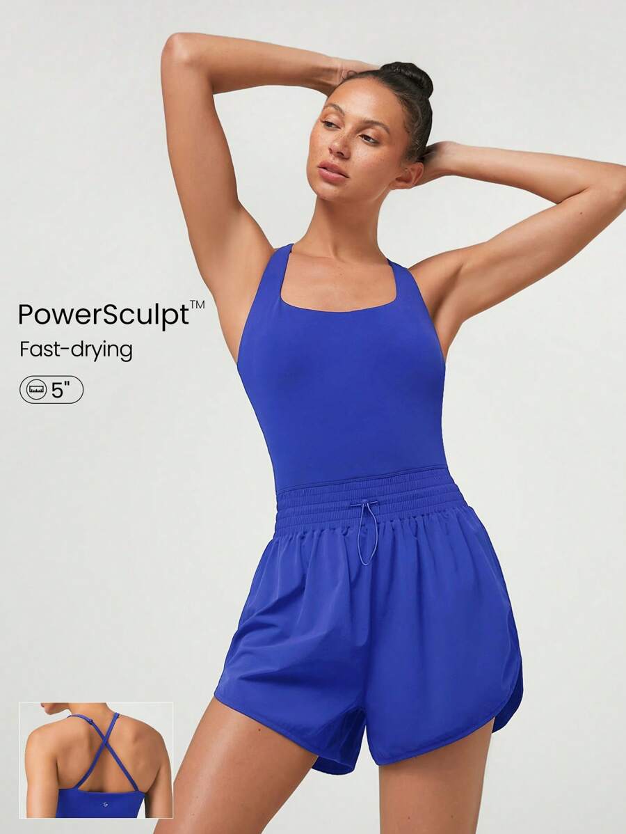 GLOWMODE Powersculpt™ Sweat-Wicking Quick-Dry Cool Feel Ready To Romp Crossover Back Elastic Waist Curved Hem Square Neck Athletic Romper High Impact Workout Running Training Gym