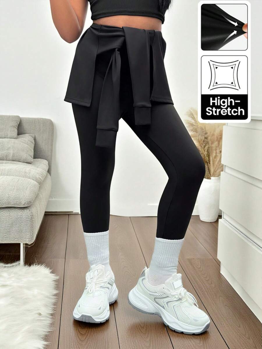 SHEIN Camisa con nudo adelante y leggings casuales y deportivos de corte slim para niñas preadolescentes, de vuelta al colegio