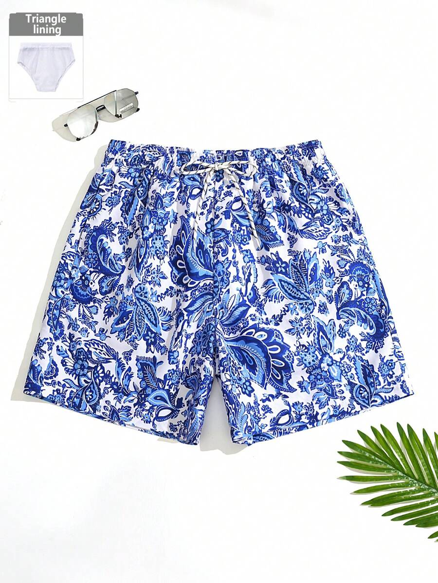 Manfinity Swimmode Swim Trunks For Men Drawstring Waist Security Pockets Lightweight 4-Way Stretch Floral Design For Beach Vacation,Resort CasualMulticolor Polyester Non-Stretch Beach Shorts,Hawaiian